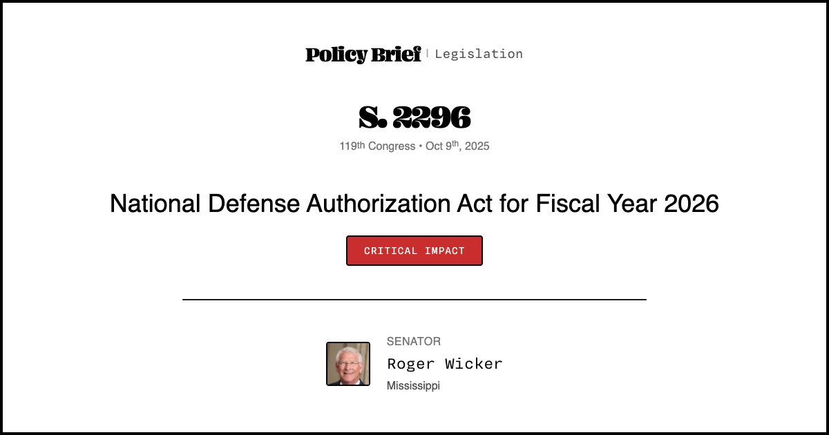 S. 2296 - National Defense Authorization Act for Fiscal Year 2026